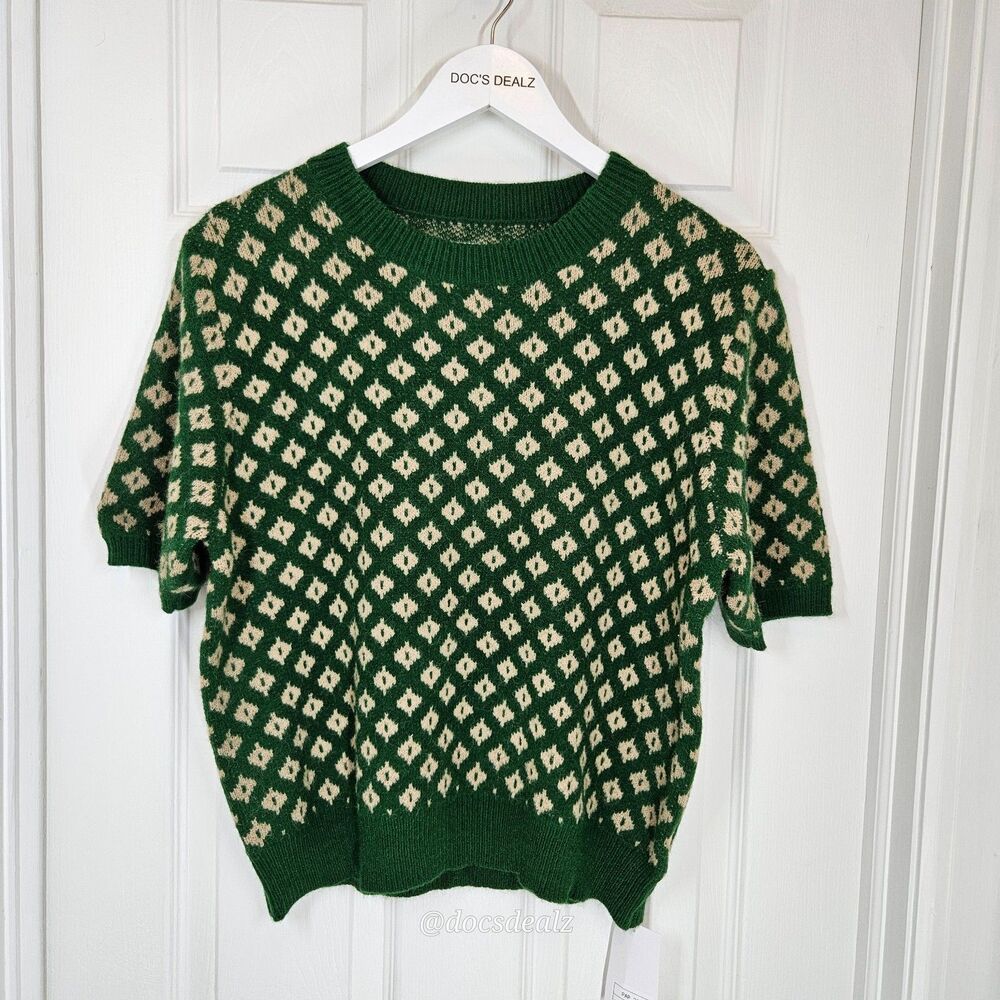 Knit Mix Short Sleeve Sweater Green and White Argyle Women's XL